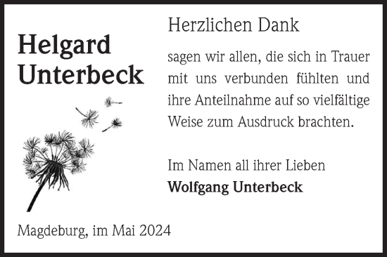 Traueranzeige von Helgard Unterbeck von Volksstimme Magdeburg