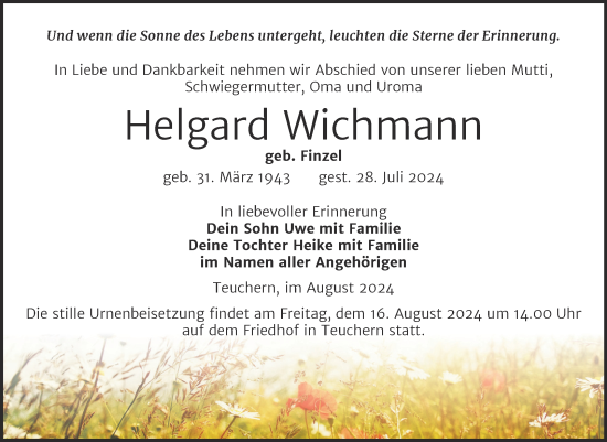 Traueranzeige von Helgard Wichmann von Trauerkombi Weißenfels