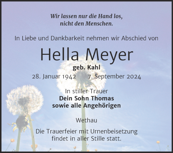 Traueranzeige von Hella Meyer von Naumburger Tageblatt