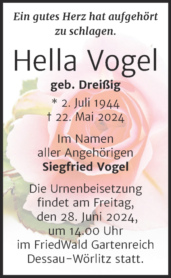 Traueranzeige von Hella Vogel von Trauerkombi Dessau
