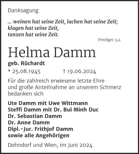 Traueranzeige von Helma Damm von Mitteldeutsche Zeitung Köthen