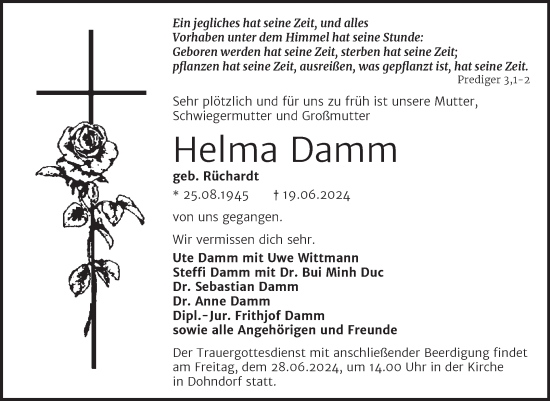 Traueranzeige von Helma Damm von Mitteldeutsche Zeitung Köthen