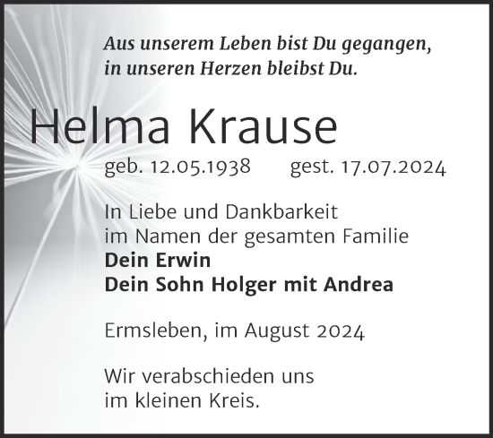 Traueranzeige von Helma Krause von Super Sonntag Quedlingburg