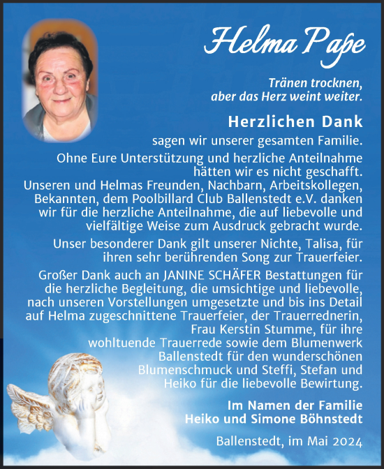 Traueranzeige von Helma Pape von Trauerkombi Quedlinburg