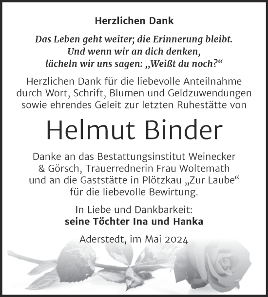 Traueranzeige von Helmut Binder von Trauerkombi Bernburg