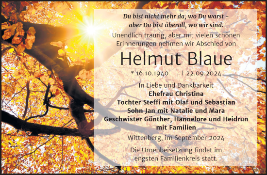 Traueranzeige von Helmut Blaue von Trauerkombi Wittenberg