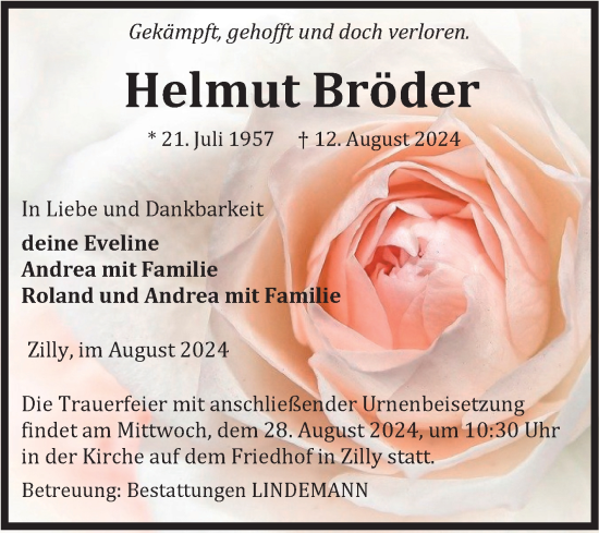 Traueranzeige von Helmut Bröder von Volksstimme Halberstadt
