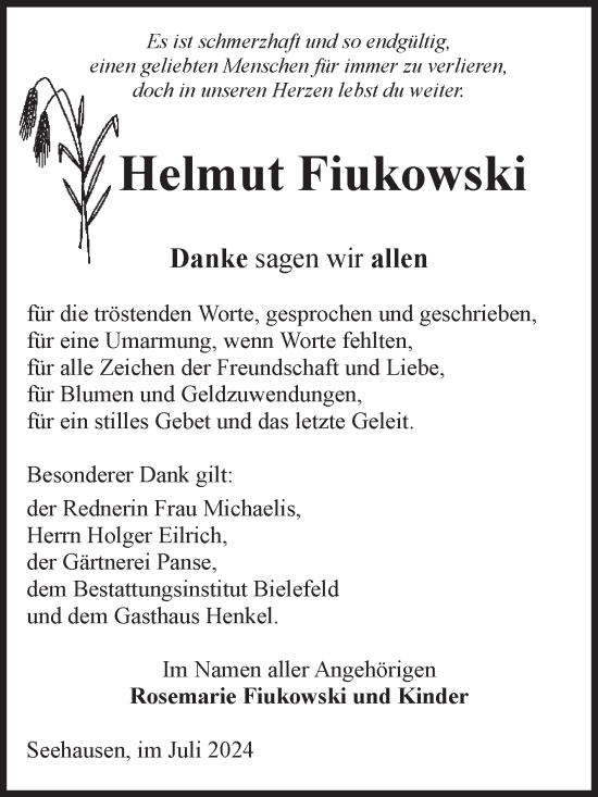 Traueranzeige von Helmut Fiukowski von Volksstimme Altmark Ost