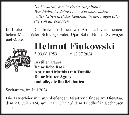 Traueranzeige von Helmut Fiukowski von Volksstimme Altmark Ost