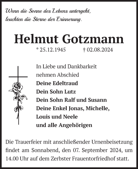 Traueranzeige von Helmut Gotzmann von Volksstimme Zerbst