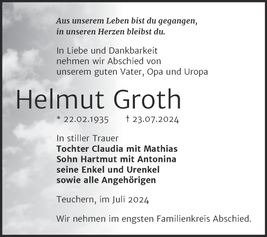 Traueranzeige von Helmut Groth von Trauerkombi Weißenfels