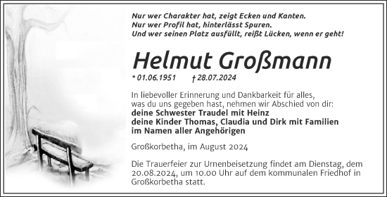 Traueranzeige von Helmut Großmann von Trauerkombi Weißenfels