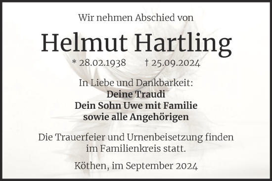 Traueranzeige von Helmut Hartling von Trauerkombi Köthen