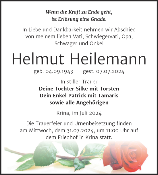 Traueranzeige von Helmut Heilemann von Trauerkombi Bitterfeld