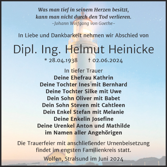 Traueranzeige von Helmut Heinicke von Trauerkombi Bitterfeld