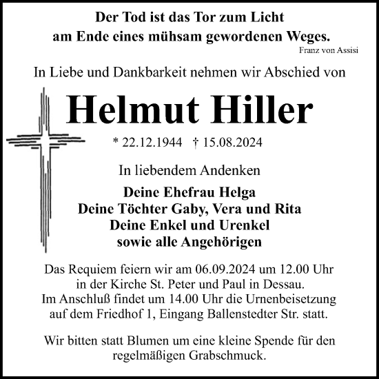 Traueranzeige von Helmut Hiller von Trauerkombi Dessau