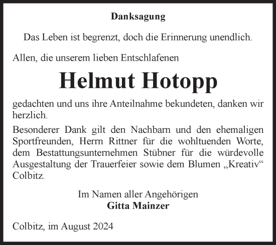 Traueranzeige von Helmut Hotopp von Volksstimme Haldensleben/Wolmirstedt