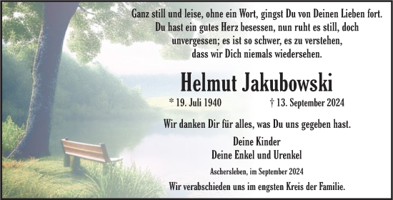 Traueranzeige von Helmut Jakubowski von Trauerkombi Aschersleben