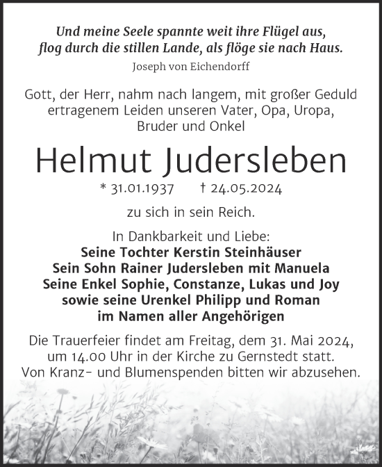 Traueranzeige von Helmut Judersleben von Naumburger Tageblatt
