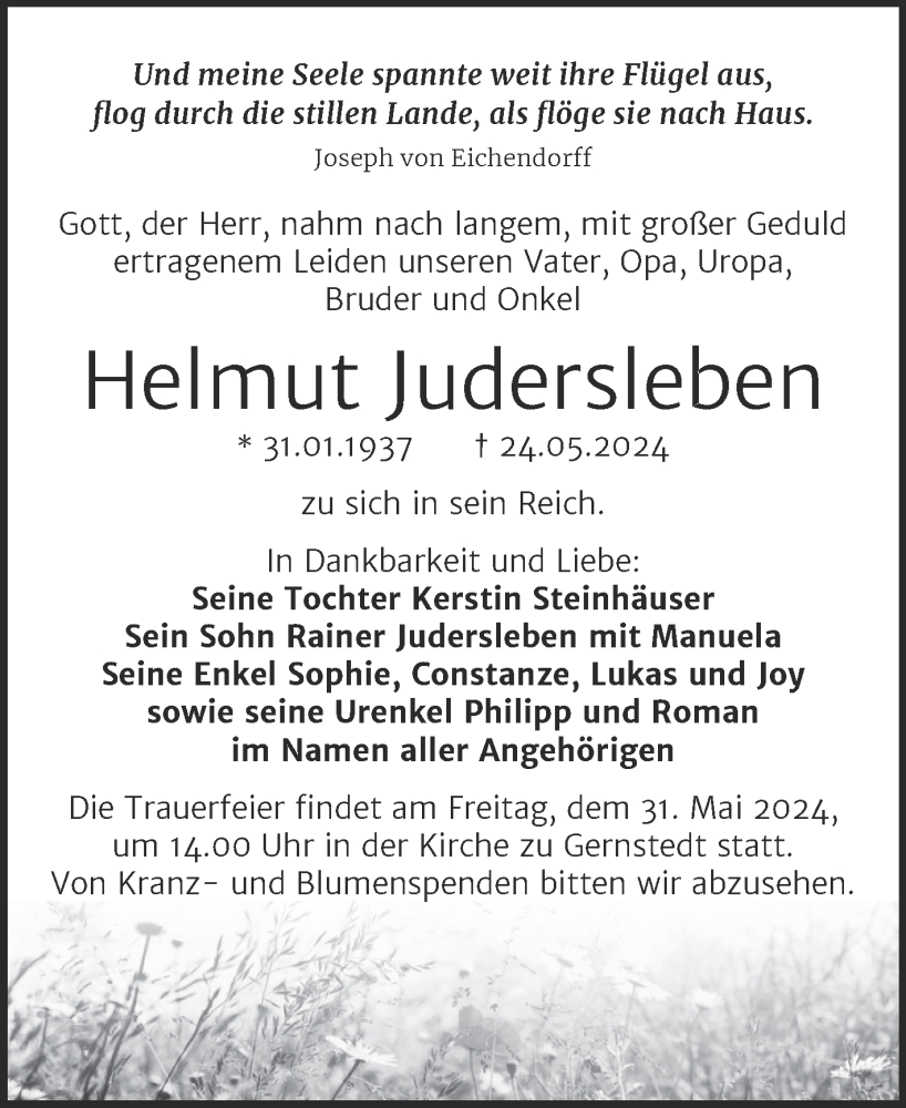  Traueranzeige für Helmut Judersleben vom 28.05.2024 aus Naumburger Tageblatt