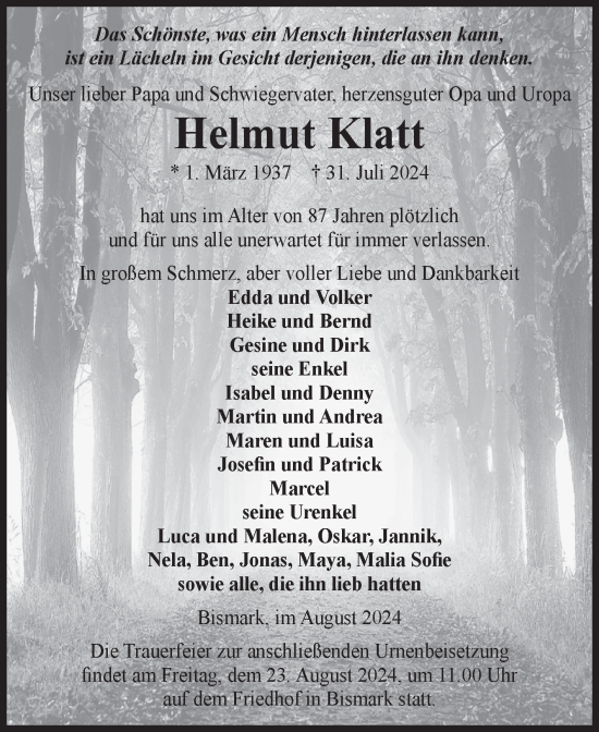 Traueranzeige von Helmut Klatt von Volksstimme Altmark Ost