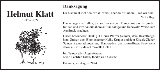 Traueranzeige von Helmut Klatt von Volksstimme Altmark Ost