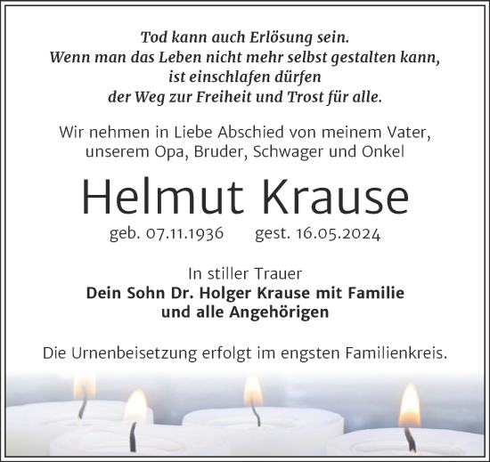 Traueranzeige von Helmut Krause von Trauerkombi Bitterfeld