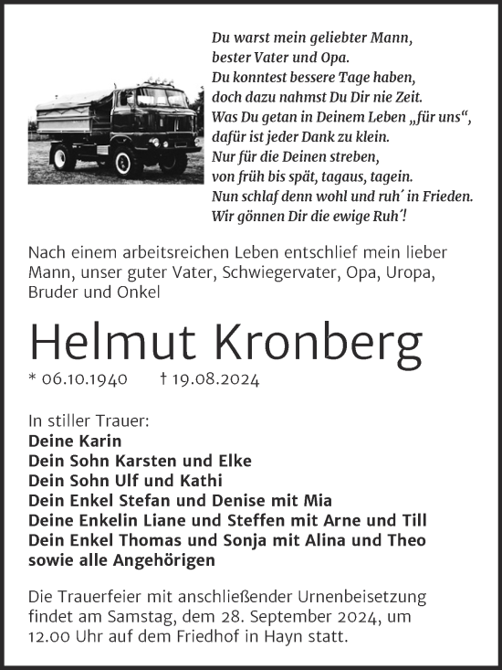 Traueranzeige von Helmut Kronberg von Trauerkombi Sangerhausen