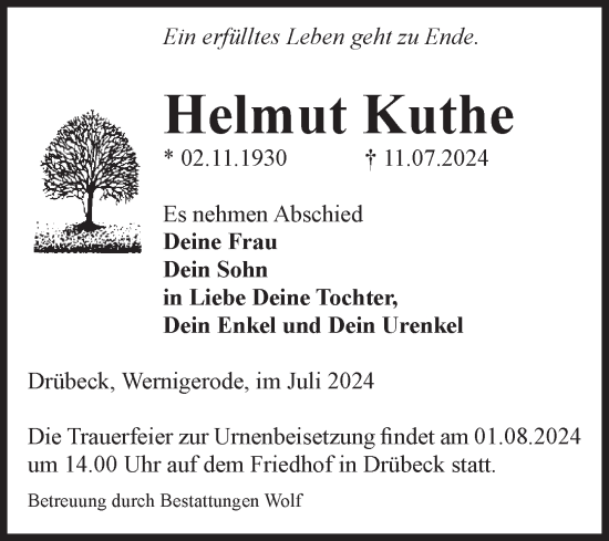 Traueranzeige von Helmut Kuthe von Volksstimme Wernigerode