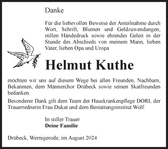 Traueranzeige von Helmut Kuthe von Volksstimme Wernigerode