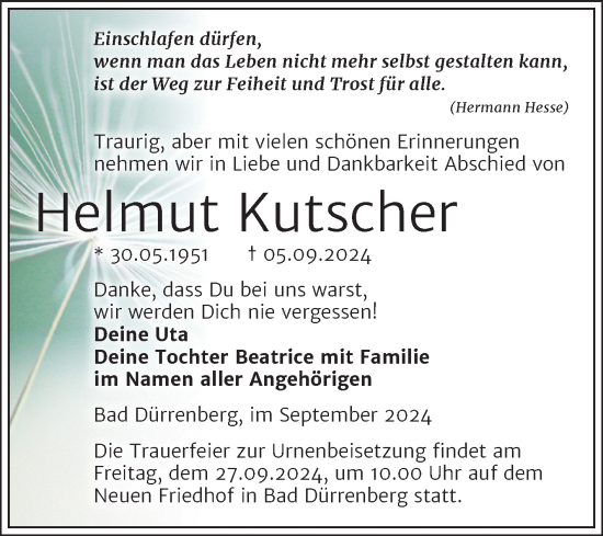 Traueranzeige von Helmut Kutscher von Trauerkombi Merseburg