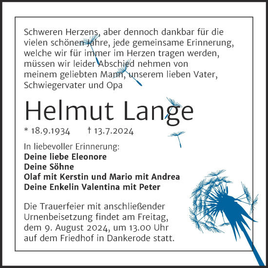Traueranzeige von Helmut Lange von Trauerkombi Quedlinburg