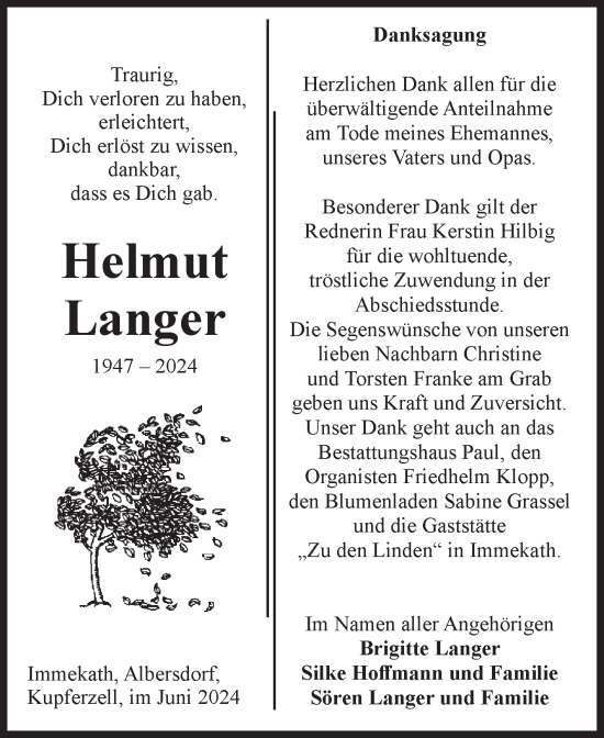 Traueranzeige von Helmut Langer von Volksstimme Altmark West
