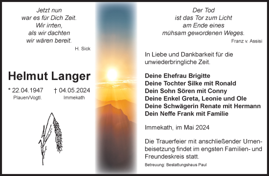 Traueranzeige von Helmut Langer von Volksstimme Altmark West