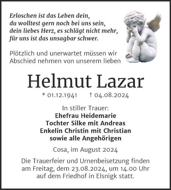 Traueranzeige von Helmut Lazar von Trauerkombi Köthen
