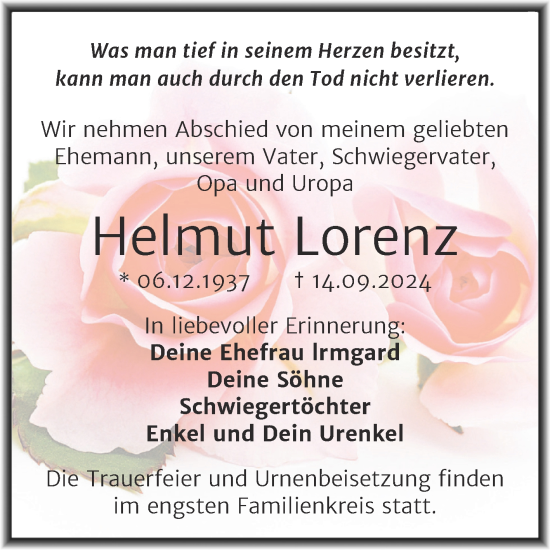 Traueranzeige von Helmut Lorenz von Trauerkombi Mansfelder Land