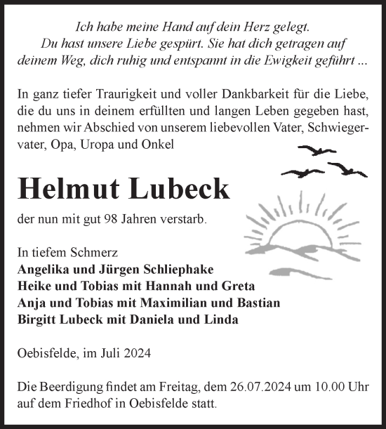 Traueranzeige von Helmut Lubeck von Volksstimme Altmark West