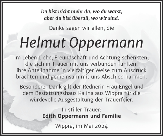 Traueranzeige von Helmut Oppermann von Trauerkombi Sangerhausen