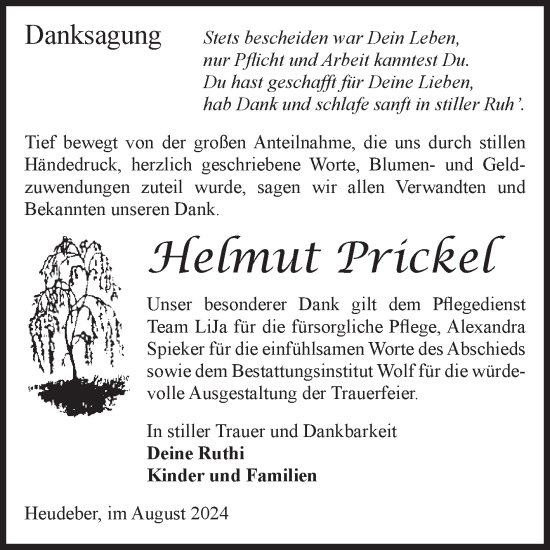 Traueranzeige von Helmut Prickel von Volksstimme Wernigerode