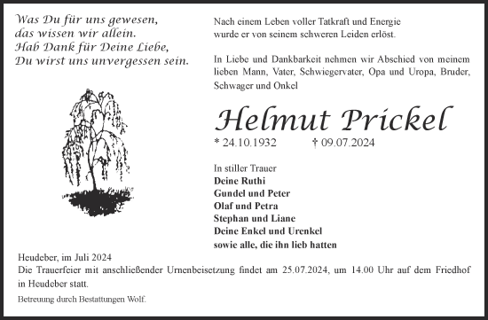 Traueranzeige von Helmut Prickel von Volksstimme Halberstadt