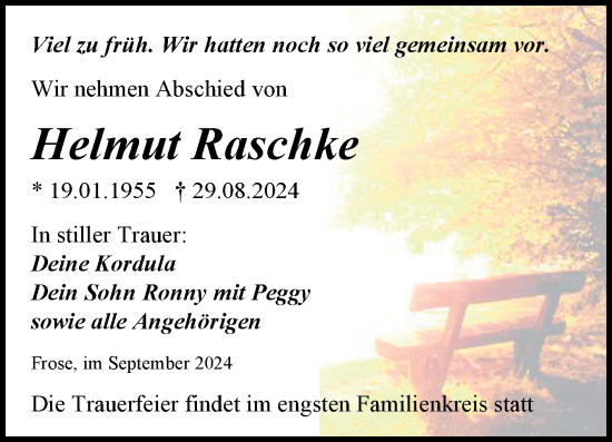 Traueranzeige von Helmut Raschke von Trauerkombi Aschersleben