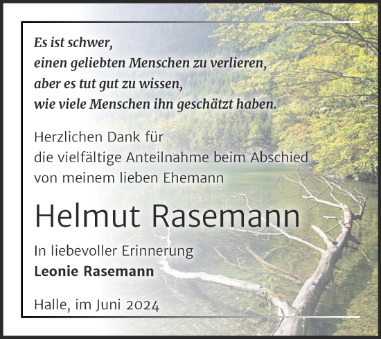 Traueranzeige von Helmut Rasemann von Mitteldeutsche Zeitung Halle/Saalkreis