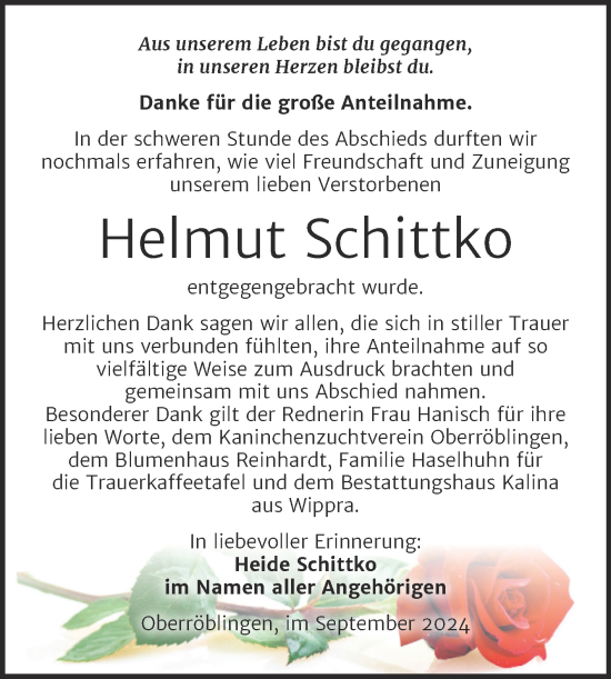 Traueranzeige von Helmut Schittko von Trauerkombi Sangerhausen