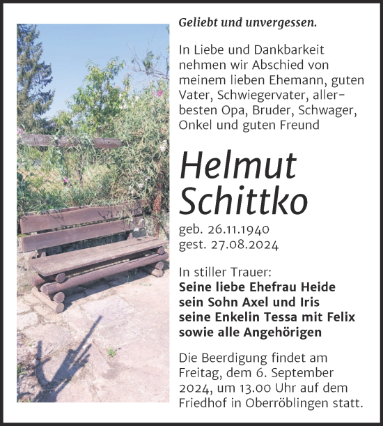 Traueranzeige von Helmut Schittko von Mitteldeutsche Zeitung Sangerhausen