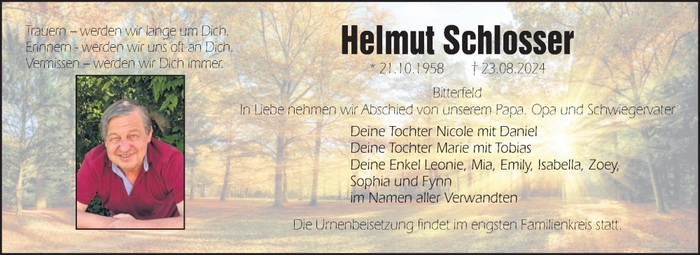  Traueranzeige für Helmut Schlosser vom 28.09.2024 aus Mitteldeutsche Zeitung Bitterfeld