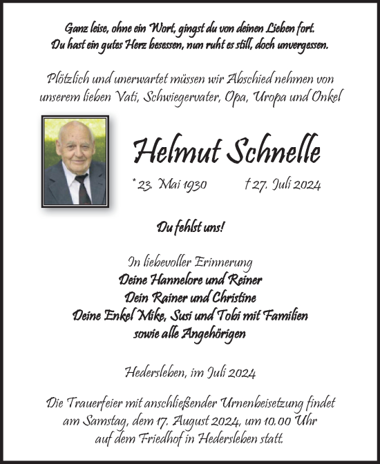 Traueranzeige von Helmut Schnelle von Trauerkombi Quedlinburg
