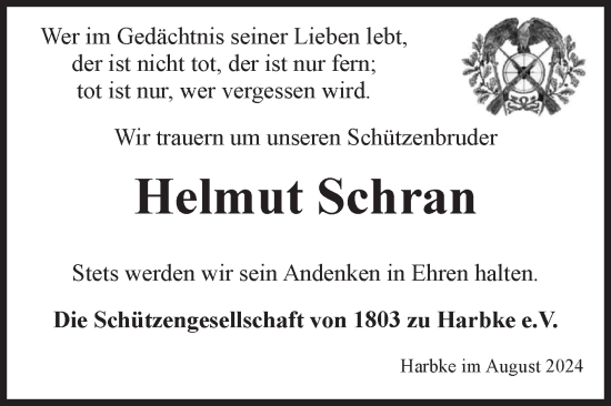 Traueranzeige von Helmut Schran von Volksstimme Oschersleben/Wanzleben