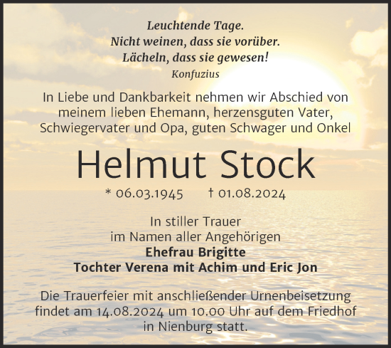 Traueranzeige von Helmut Stock von Trauerkombi Bernburg