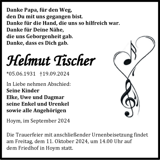 Traueranzeige von Helmut Tischer von Trauerkombi Aschersleben