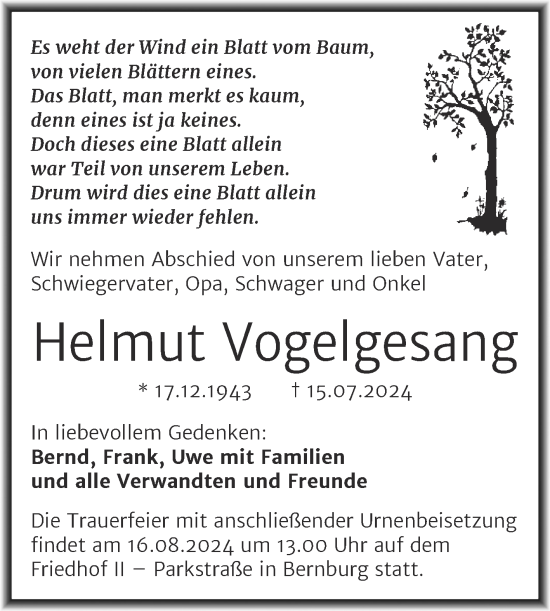 Traueranzeige von Helmut Vogelgesang von Super Sonntag Bernburg